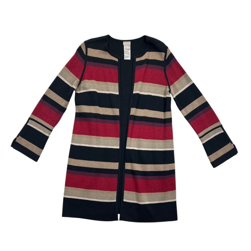 Chicos Cardigan Womens Medium Black Tan Red‎ Striped Longline Open Front